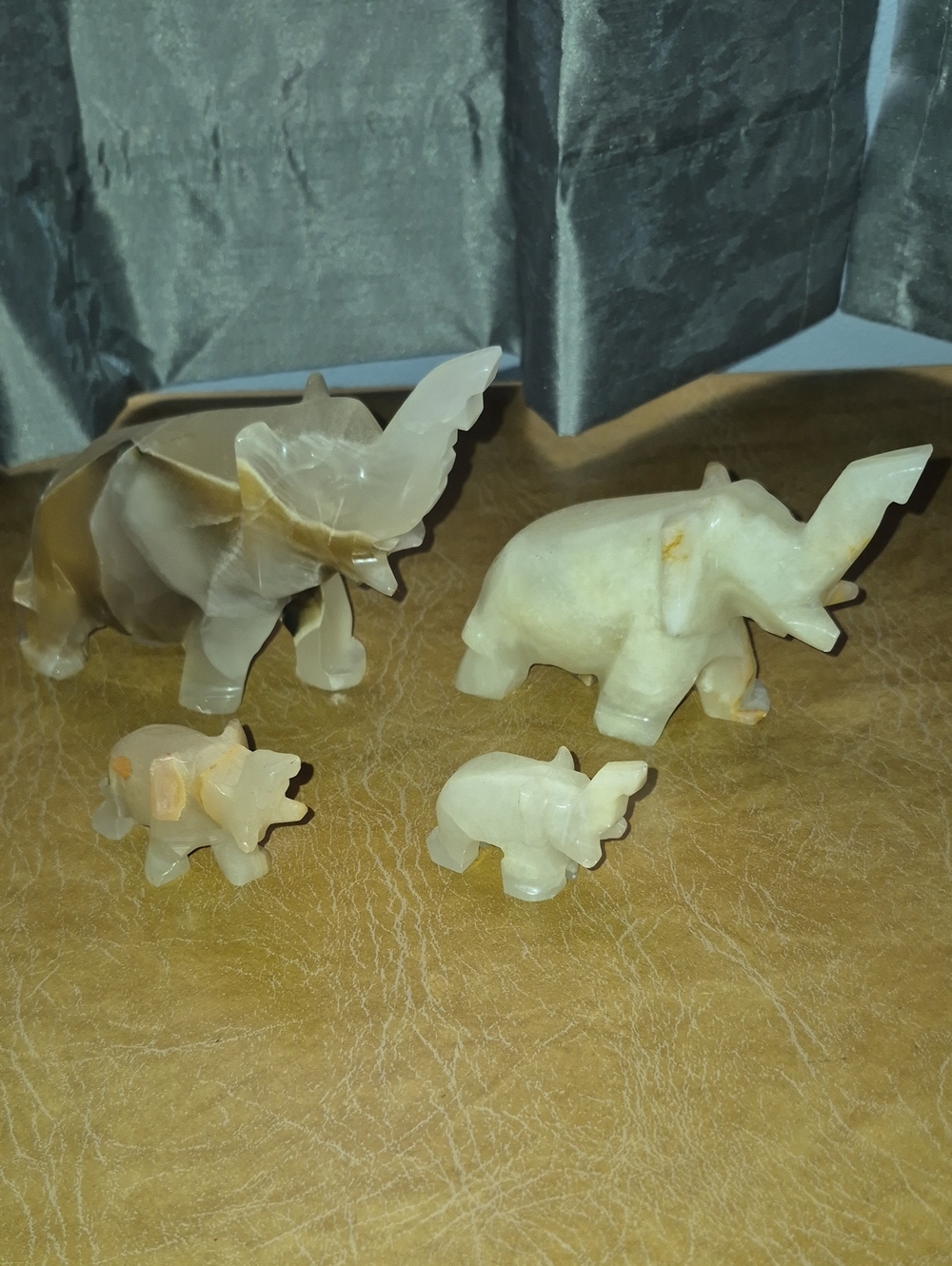 Vintage Handcrafted White Onyx And/or Alabaster Elephant Figurine Set